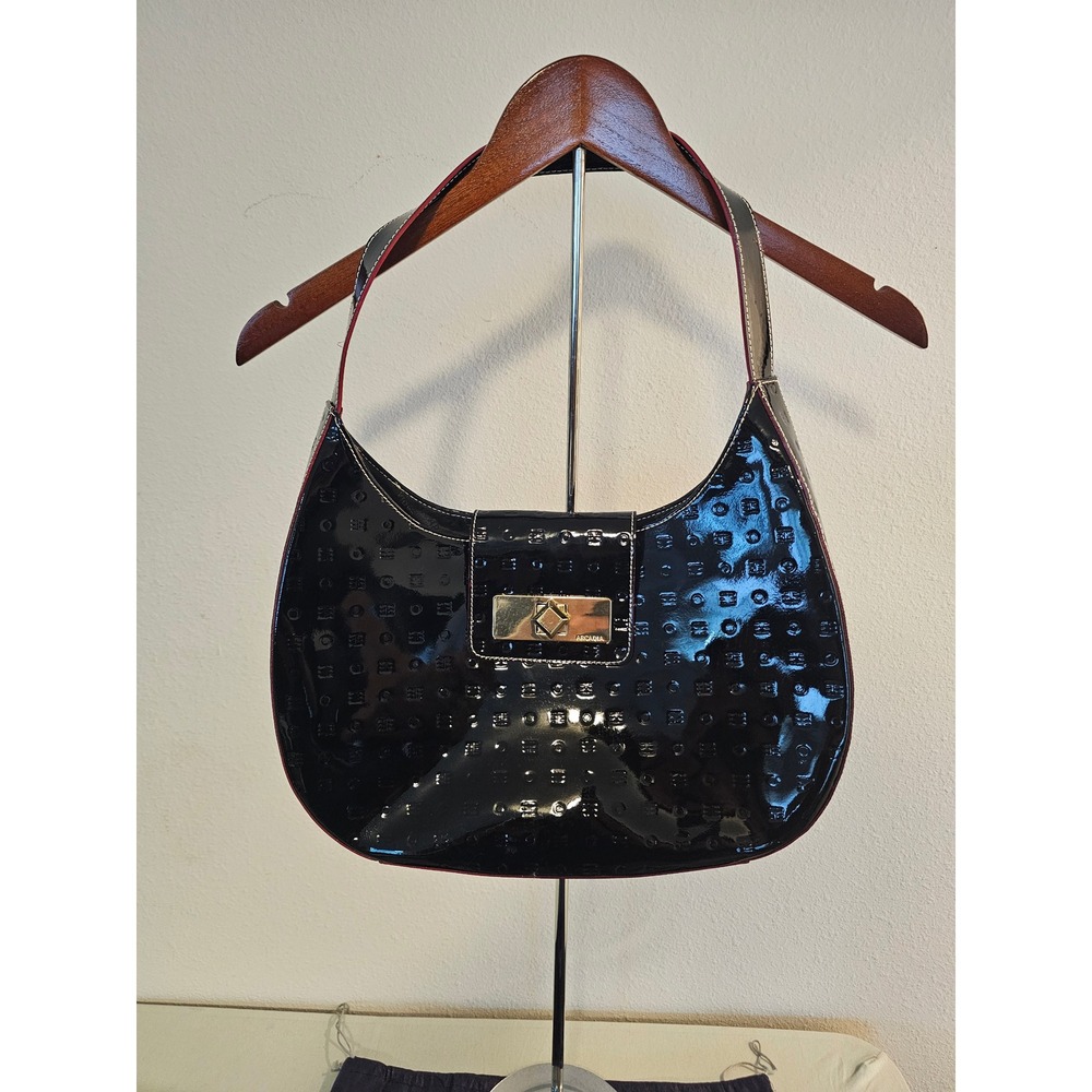 Arcadia Medium Black Patent Leather Hobo Bag Made In Italy